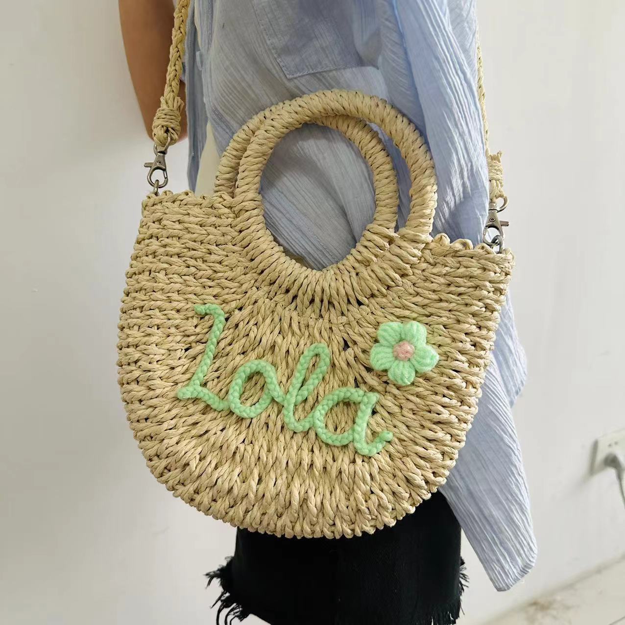 DIY Letter Name Seaside Vacation Style Grass Woven Handbag Straw Tote Crossbody Bag