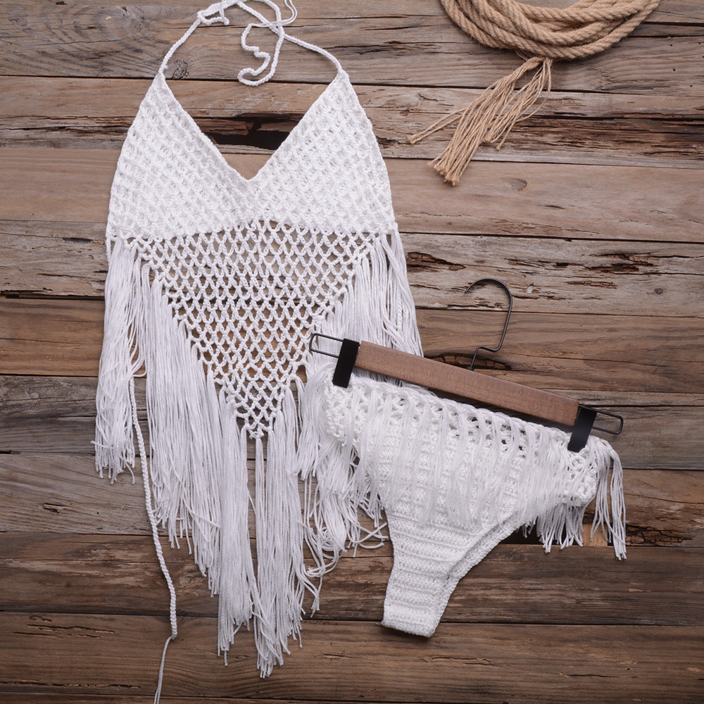 Hand-woven Beach Hollow Tassel Split Swimsuit Set Factory Direct Sales